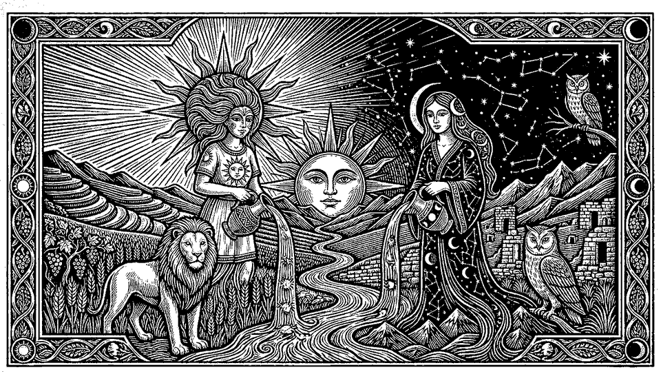 Woodcut: the Sun and the Moon, each with a jar, pour a river into the valley between them.