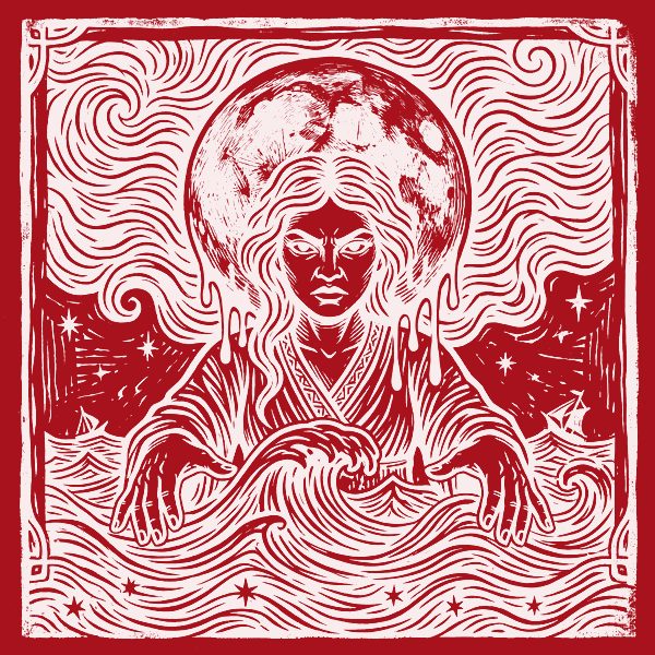 Woodcut of Jaci under the full moon, printed in red, on the cover of a gift booklet