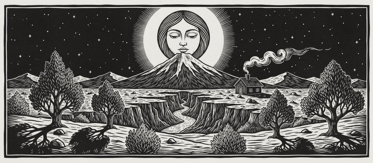 Woodcut: the high desert of central Oregon at night, junipers throwing moon shadows, a Cascade peak, a canyon river and a small roastery with smoke from its chimney