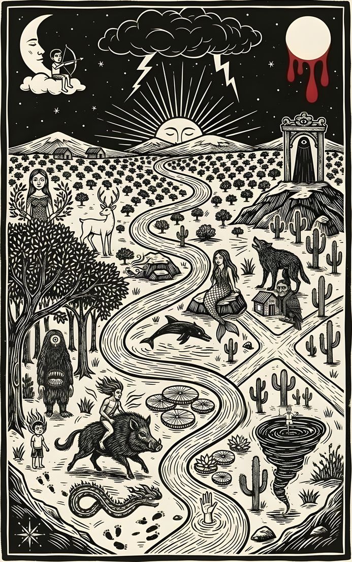 Woodcut map of Cairé: the moons and the storm above, the coffee hills, the winding river and the forest below