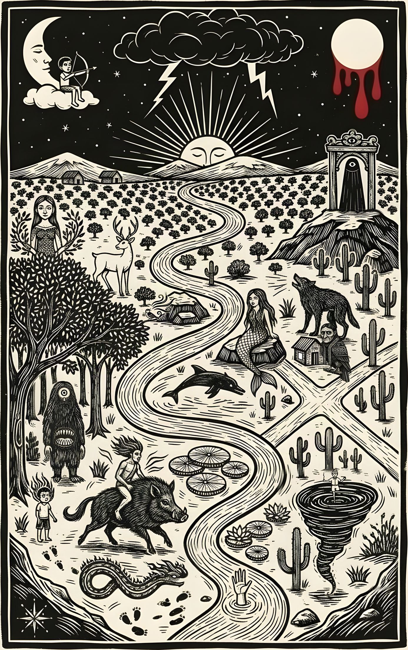 Woodcut map of Cairé’s country at night. In the sky: Cairé’s crescent with a woman’s face, Rudá the archer on a cloud, Tupã’s storm, Jaci’s full moon dripping blood, and Guaraci, the sun, asleep behind the hills. Below them, coffee hills, and a river winding down the middle with Iara on her rock, the boto leaping and Naiá’s water lilies with a hand reaching up. To the left, the forest: Ka’a Jarýi with arms of leaves, Anhangá the white deer, the uirapuru singing, the one-eyed Mapinguari, Caapora on his wild boar, Curupira and his footprints, and Boitatá, the serpent of fire. To the right, the backlands: Jurupari in a gateway on the hill, the Lobisomem howling at the crossroads, the Matinta at a window, and the Saci on his whirlwind.