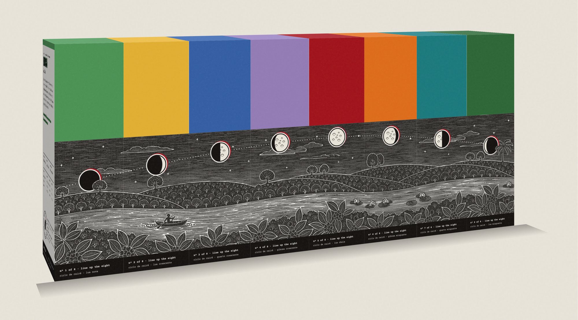 The eight Ciclo boxes side by side: one woodcut of the coffee valley at night runs across their sides, and the moon crosses it from new to waning