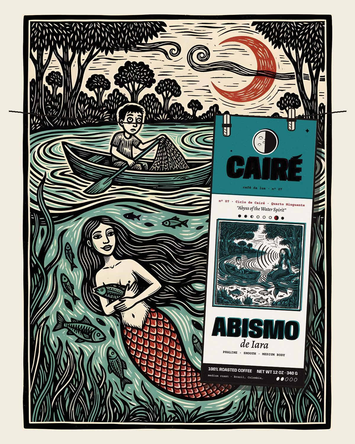 Abismo de Iara box at night, on a stone in Iara’s misty river, ripples spreading round it