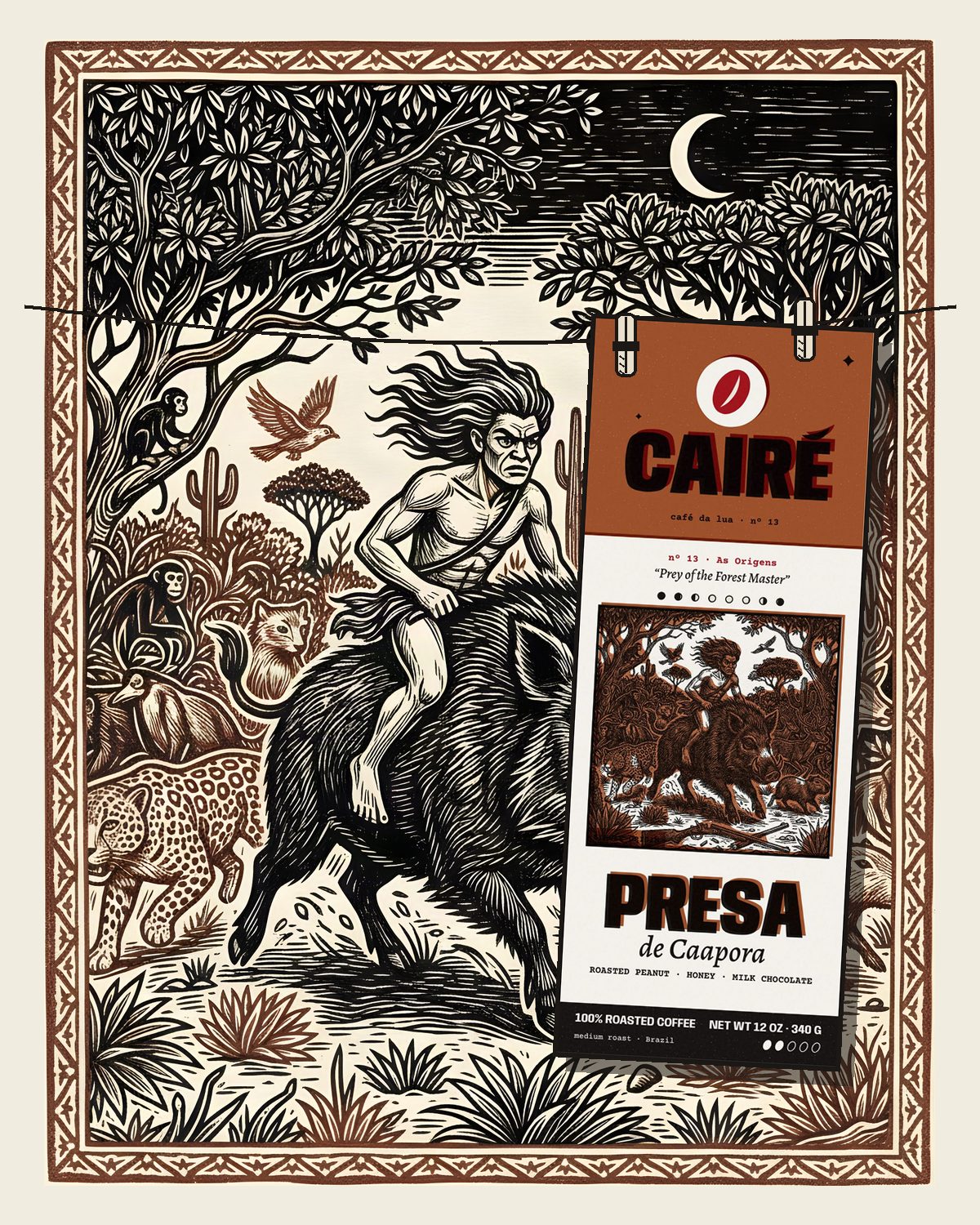 Presa de Caapora box at night, on a tree stump in the forest, moonlight through the trees