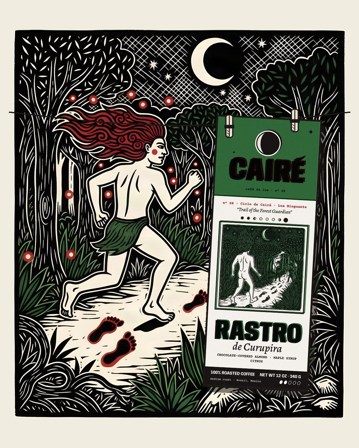 Rastro de Curupira box at night, on the forest floor, fireflies in the dark behind