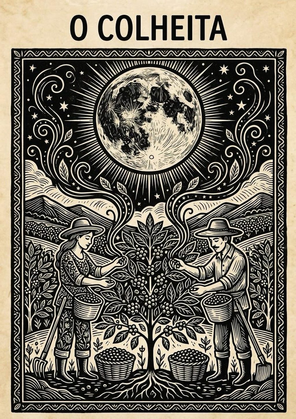 Farmers harvesting coffee under the full moon
