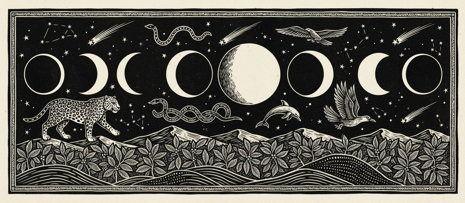 Woodcut: the eight phases of the moon over a coffee hillside, a jaguar, a serpent, a river dolphin and birds among the stars